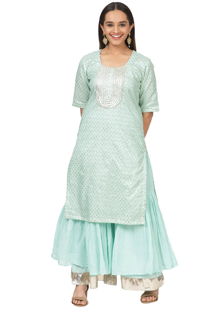 anokherang Combos Mint Green Love Short Kurti with Gota Sharara