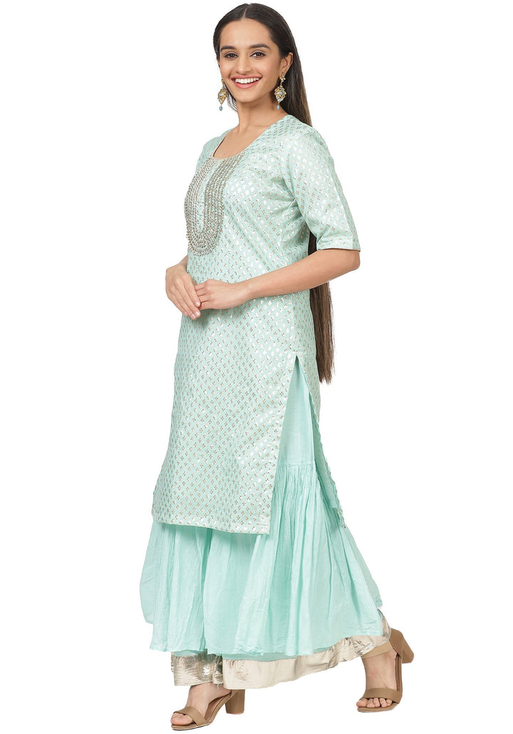 anokherang Combos Mint Green Love Short Kurti with Gota Sharara