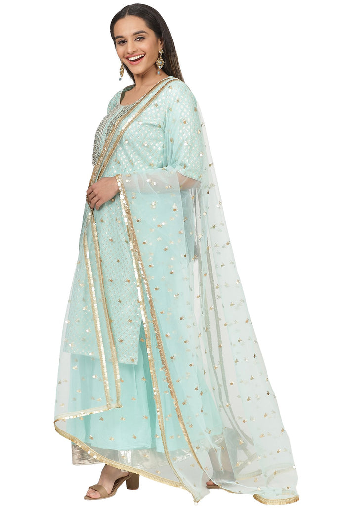 anokherang Combos Mint Green Love Short Kurti with Gota Sharara and Jhilmil Net Dupatta