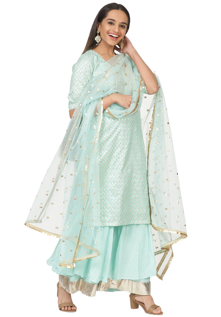 anokherang Combos Mint Green Love Short Kurti with Gota Sharara and Jhilmil Net Dupatta