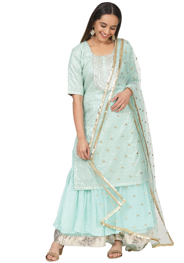 anokherang Combos Mint Green Love Short Kurti with Gota Sharara and Jhilmil Net Dupatta