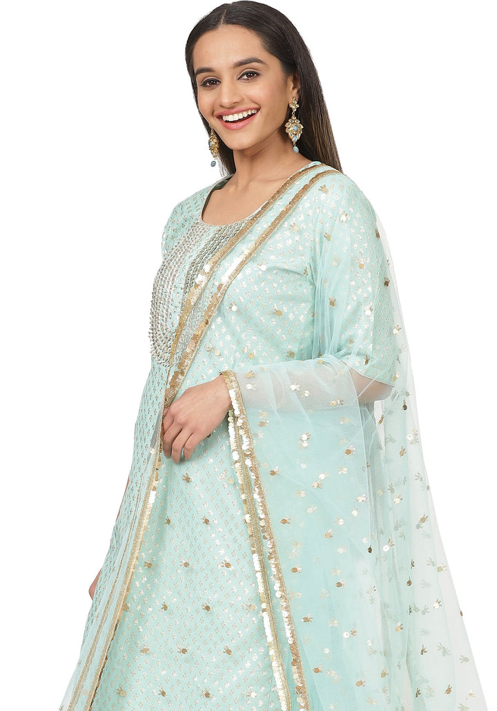 anokherang Combos Mint Green Love Short Kurti with Gota Sharara and Jhilmil Net Dupatta
