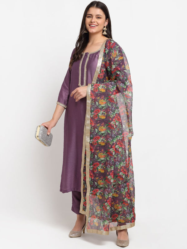 anokherang Combos Mistique Mauve Straight Kurti with Pants and Floral Dupatta