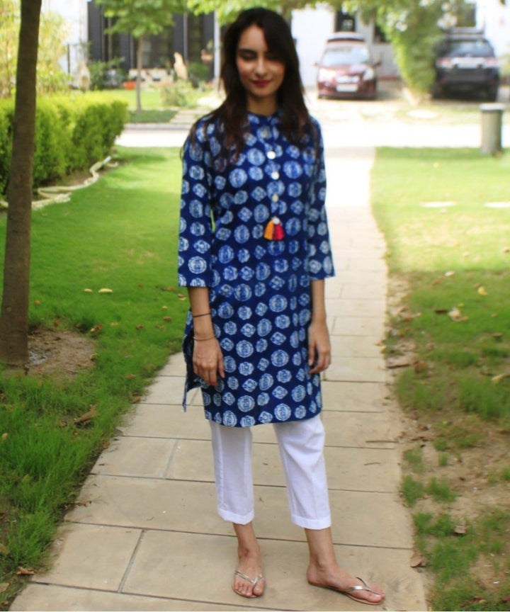 anokherang Combos Money Times Indigo Blue Short Kurti with Straight Pants