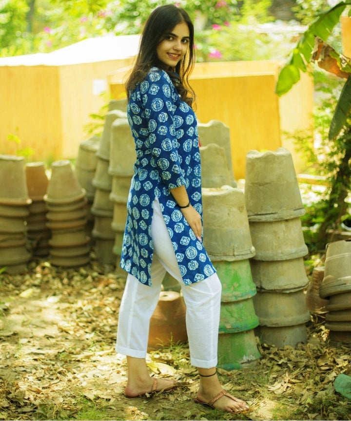 anokherang Combos Money Times Indigo Blue Short Kurti with Straight Pants