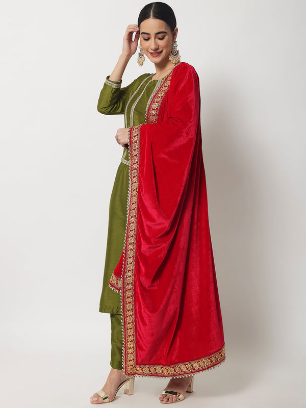 anokherang Combos Moss Green Straight Kurti With Straight Pants and Magenta Velvet Dupatta