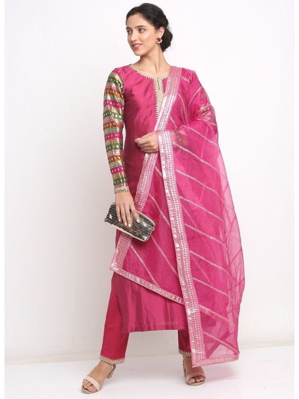 anokherang Combos Mulburry Banarasi Sleeve Kurti With Straight Pants And Organza Dupatta