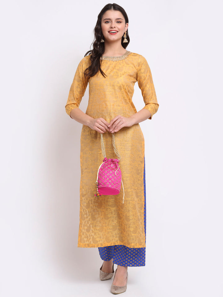 anokherang Combos Mustard Banarasi Pleated Fabric with Blue Palazzo