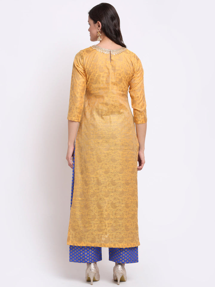 anokherang Combos Mustard Banarasi Pleated Fabric with Blue Palazzo