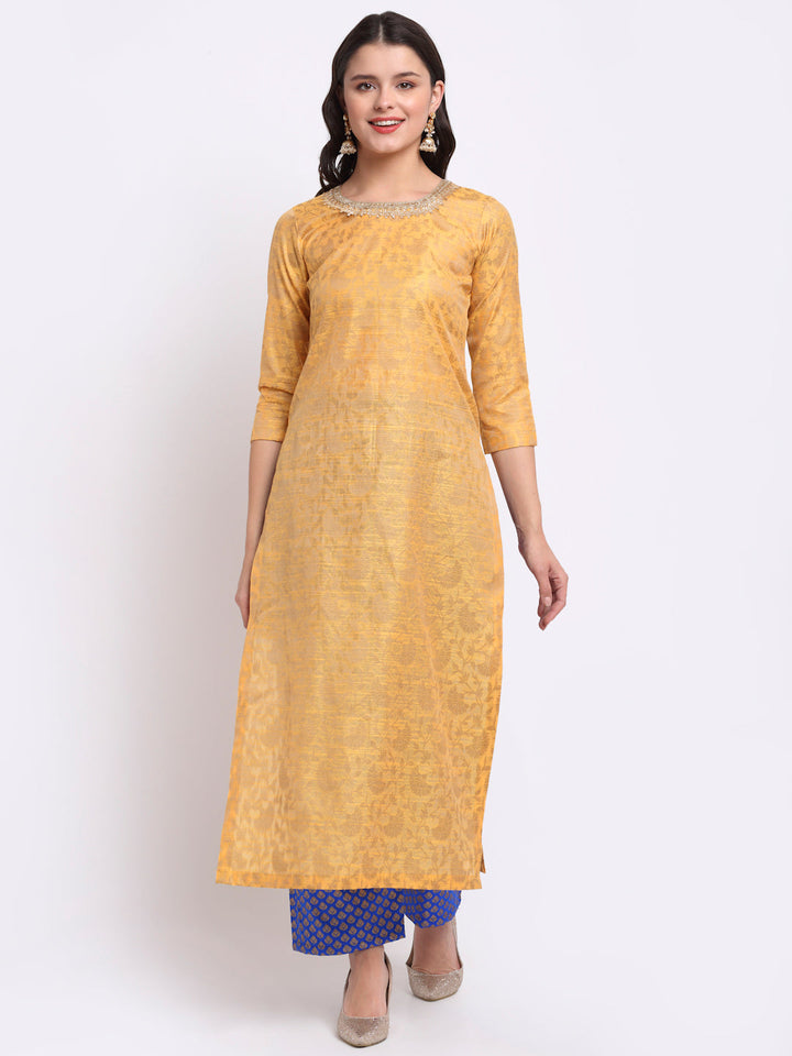 anokherang Combos Mustard Banarasi Pleated Fabric with Blue Palazzo