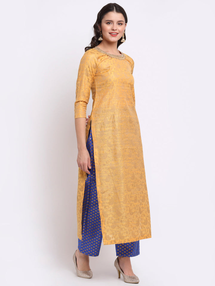 anokherang Combos Mustard Banarasi Pleated Fabric with Blue Palazzo