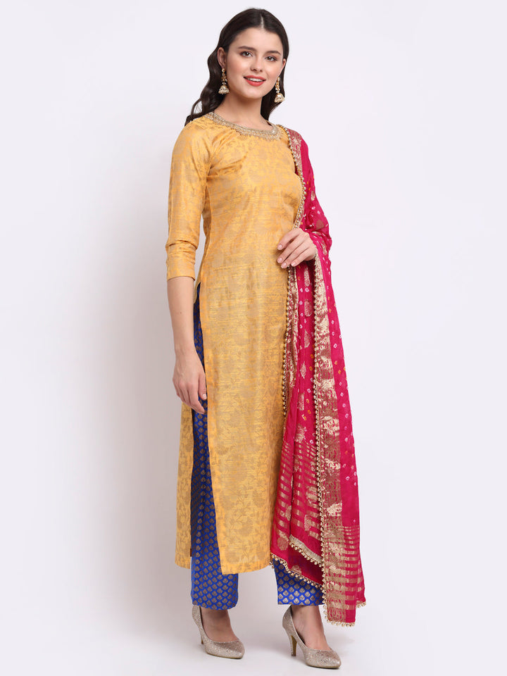anokherang Combos Mustard Banarasi Pleated Fabric with Blue Palazzo and Banarasi Bandhej Dupatta
