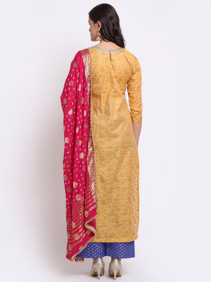 anokherang Combos Mustard Banarasi Pleated Fabric with Blue Palazzo and Banarasi Bandhej Dupatta