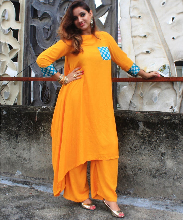 anokherang Combos Mustard Diva Side Cowl Kurti with Straight Palazzos