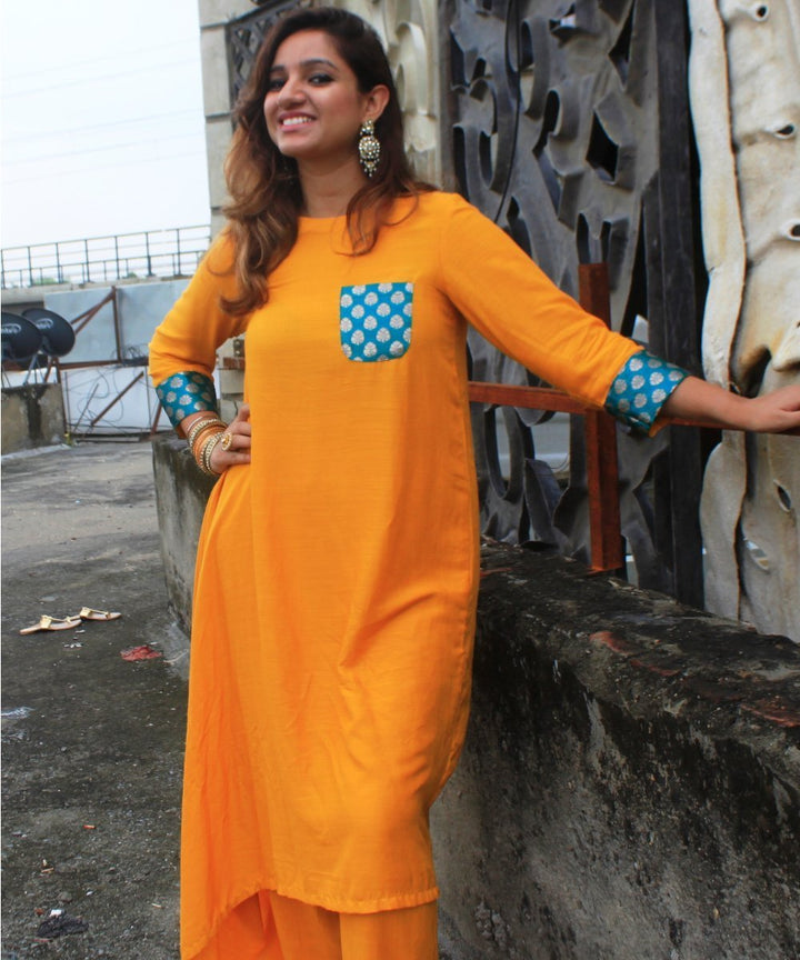 anokherang Combos Mustard Diva Side Cowl Kurti with Straight Palazzos