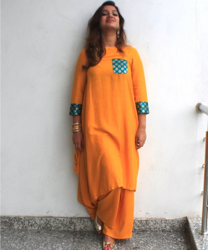 anokherang Combos Mustard Diva Side Cowl Kurti with Straight Palazzos