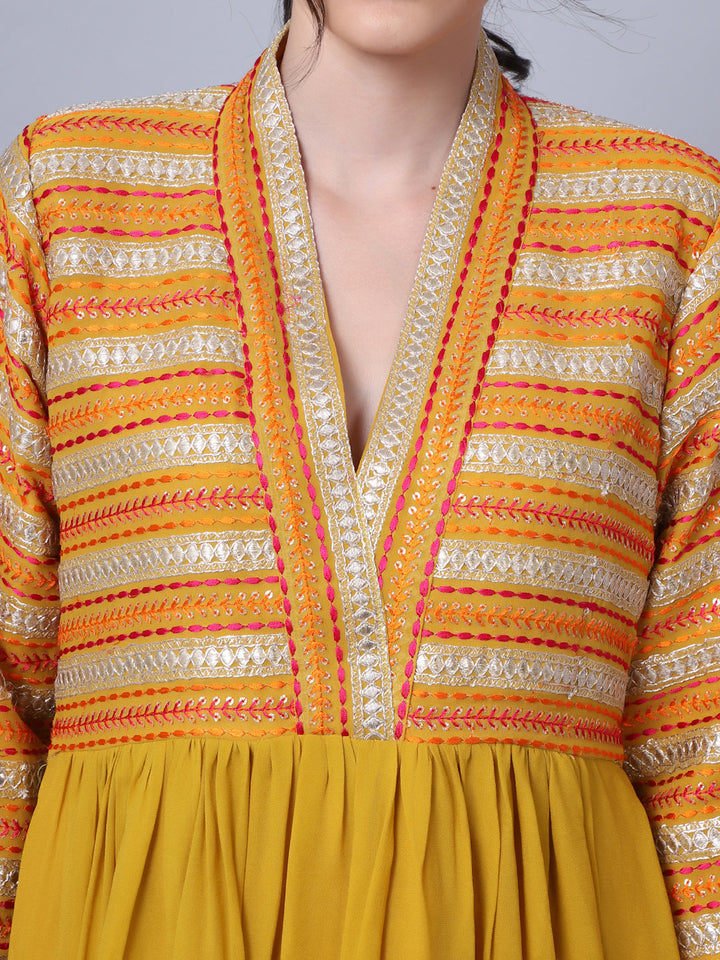 anokherang Combos Mustard Embroidered Yoke Anarkali with Churidar