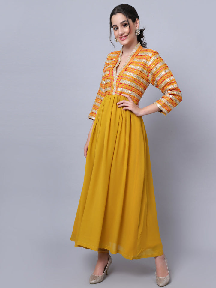 anokherang Combos Mustard Embroidered Yoke Anarkali with Churidar