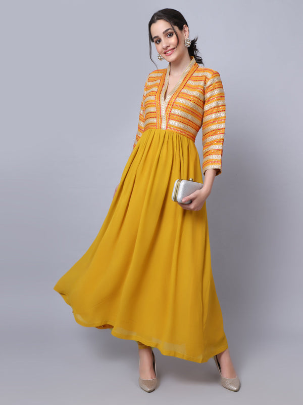 anokherang Combos Mustard Embroidered Yoke Anarkali with Churidar