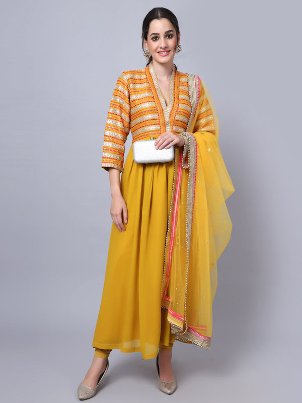 anokherang Combos Mustard Embroidered Yoke Anarkali with Churidar and Dupatta