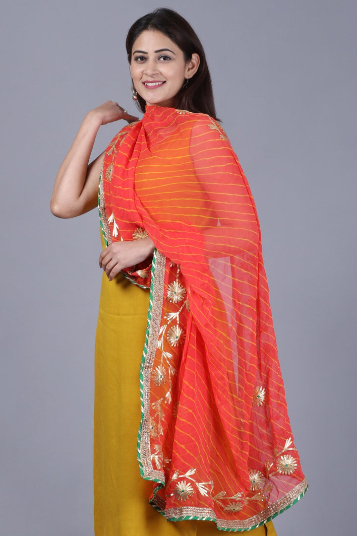 anokherang Combos Mustard Fire Straight Rayon Kurti with Straight Palazzo and Peachy Orange Leheriya Georgette Dupatta