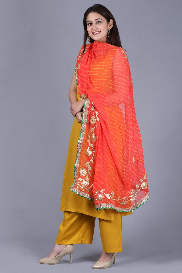 anokherang Combos Mustard Fire Straight Rayon Kurti with Straight Palazzo and Peachy Orange Leheriya Georgette Dupatta