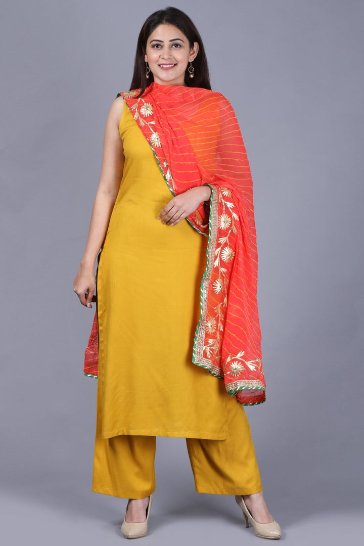 anokherang Combos Mustard Fire Straight Rayon Kurti with Straight Palazzo and Peachy Orange Leheriya Georgette Dupatta