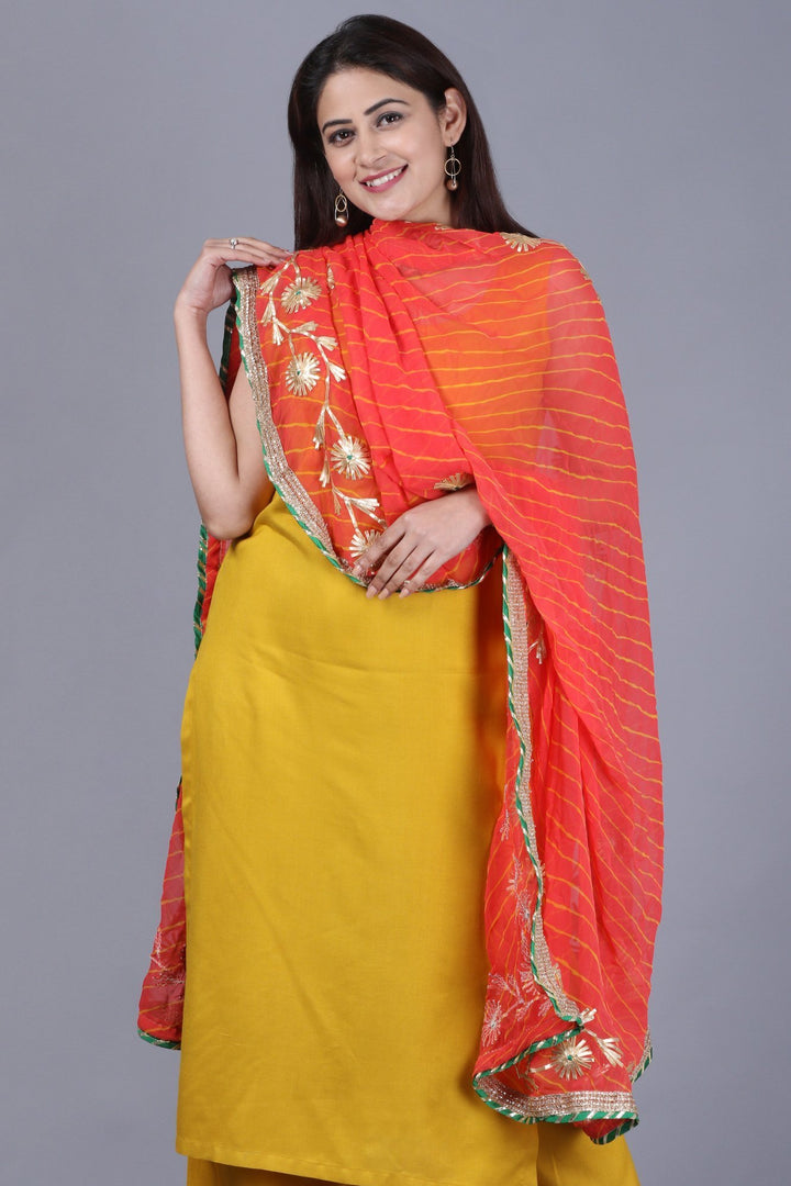 anokherang Combos Mustard Fire Straight Rayon Kurti with Straight Palazzo and Peachy Orange Leheriya Georgette Dupatta