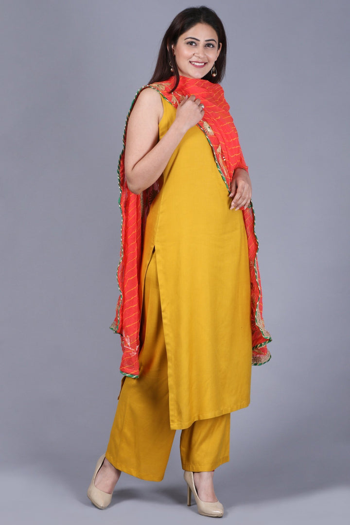 anokherang Combos Mustard Fire Straight Rayon Kurti with Straight Palazzo and Peachy Orange Leheriya Georgette Dupatta