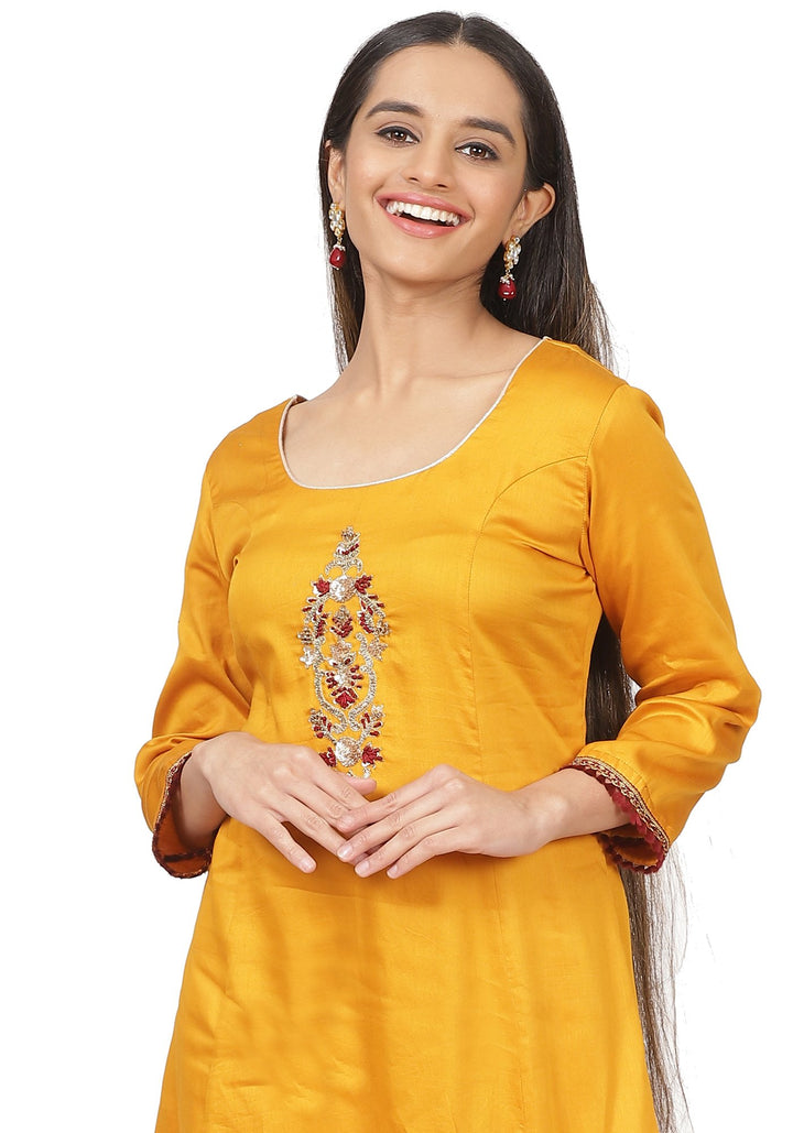 anokherang Combos Mustard Floral Embroidered A-Line Kurti with Straight Pants