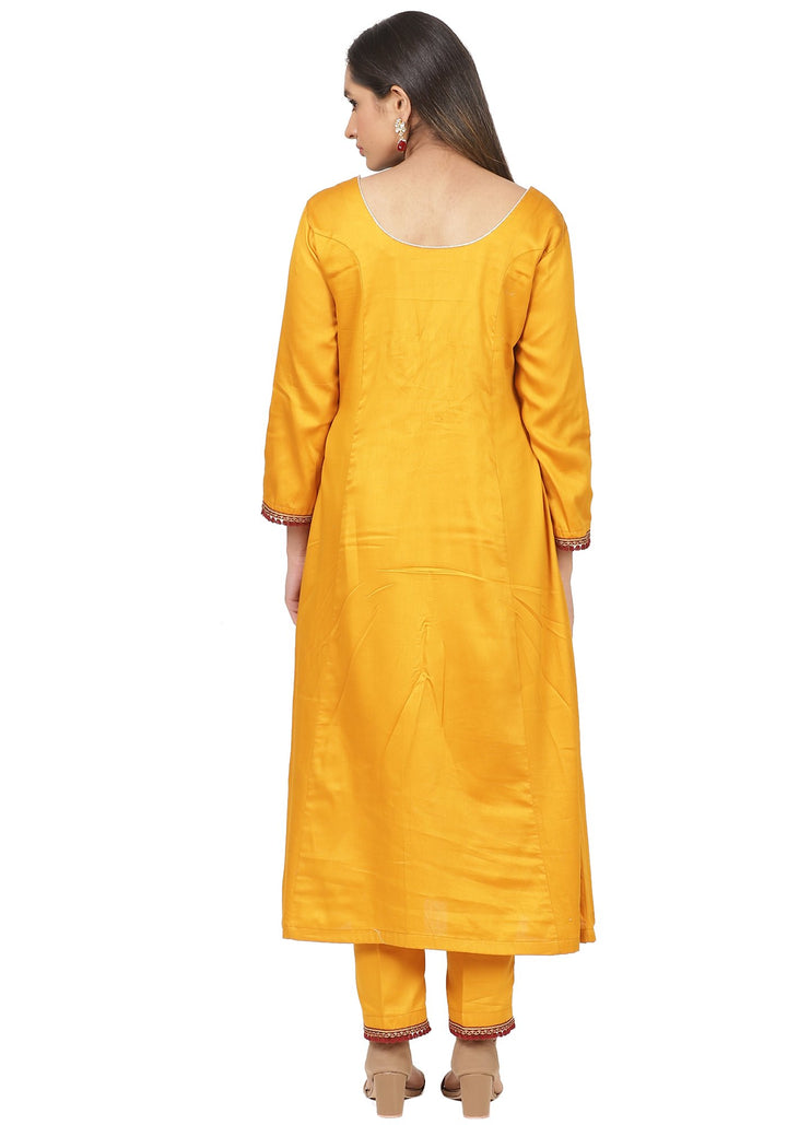 anokherang Combos Mustard Floral Embroidered A-Line Kurti with Straight Pants
