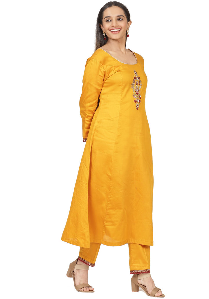 anokherang Combos Mustard Floral Embroidered A-Line Kurti with Straight Pants
