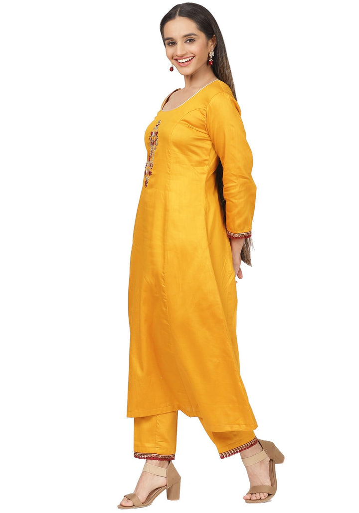 anokherang Combos Mustard Floral Embroidered A-Line Kurti with Straight Pants