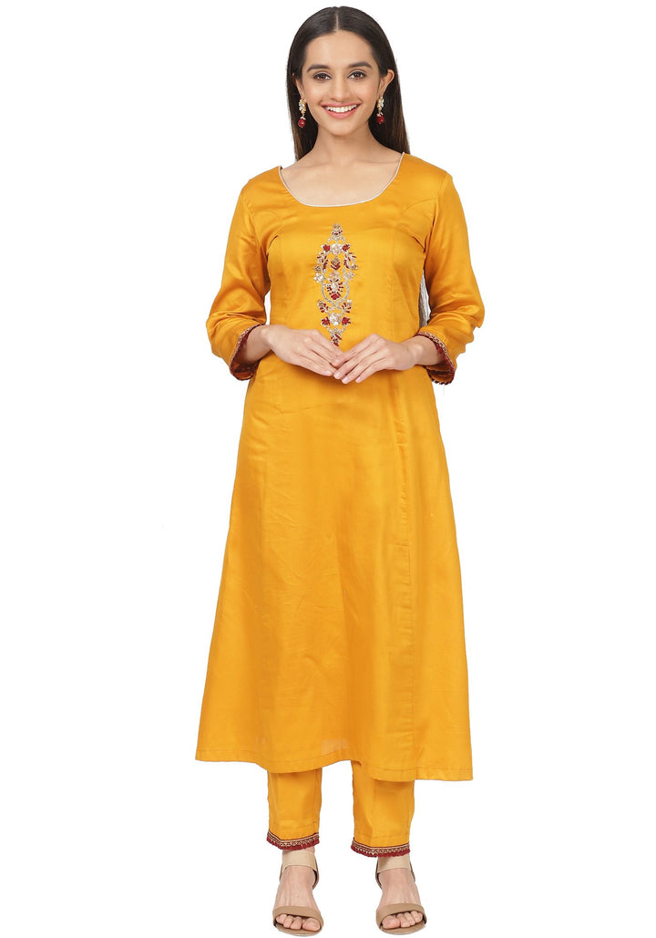 anokherang Combos Mustard Floral Embroidered A-Line Kurti with Straight Pants