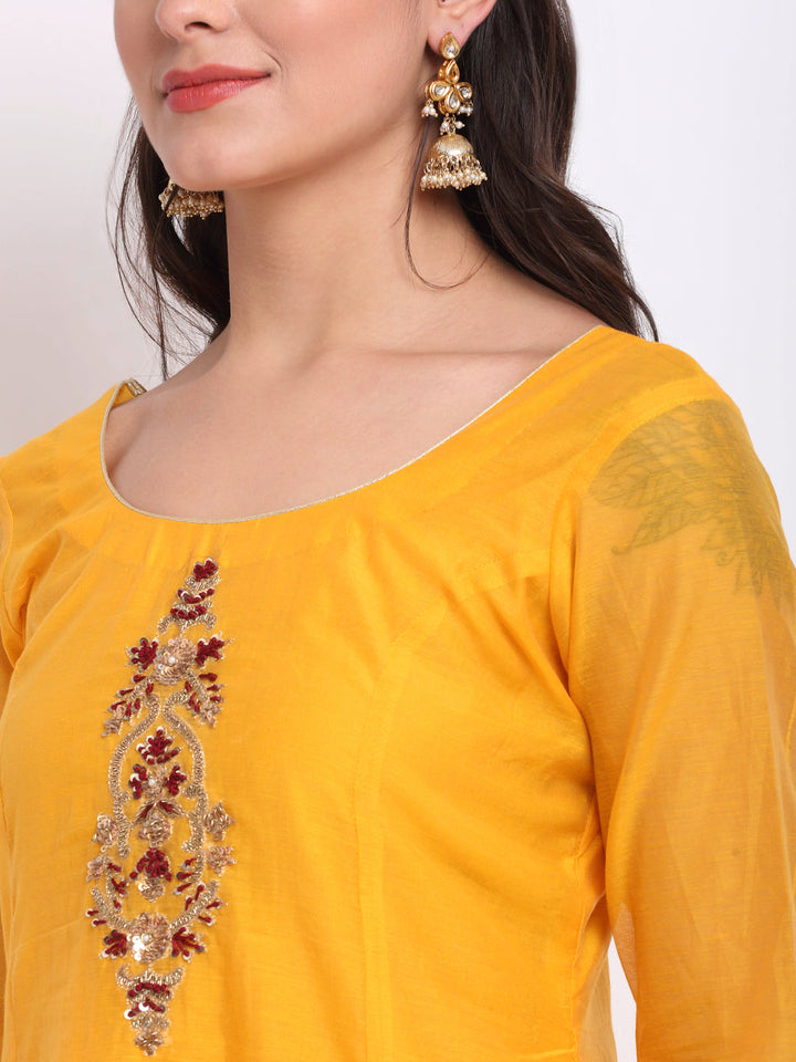 anokherang Combos Mustard Floral  Embroidered A-Line Kurti with Straight Pants and Maroon Dupatta