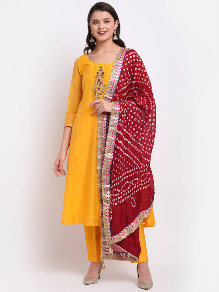 anokherang Combos Mustard Floral  Embroidered A-Line Kurti with Straight Pants and Maroon Dupatta