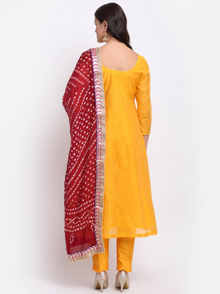anokherang Combos Mustard Floral  Embroidered A-Line Kurti with Straight Pants and Maroon Dupatta
