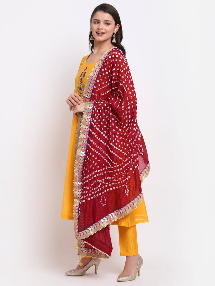 anokherang Combos Mustard Floral  Embroidered A-Line Kurti with Straight Pants and Maroon Dupatta