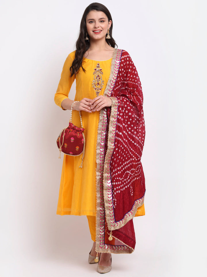 anokherang Combos Mustard Floral  Embroidered A-Line Kurti with Straight Pants and Maroon Dupatta