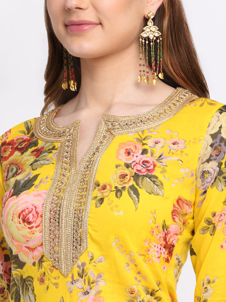 anokherang Combos Mustard Floral Kurti with Straight Palazzo Co-ord Set