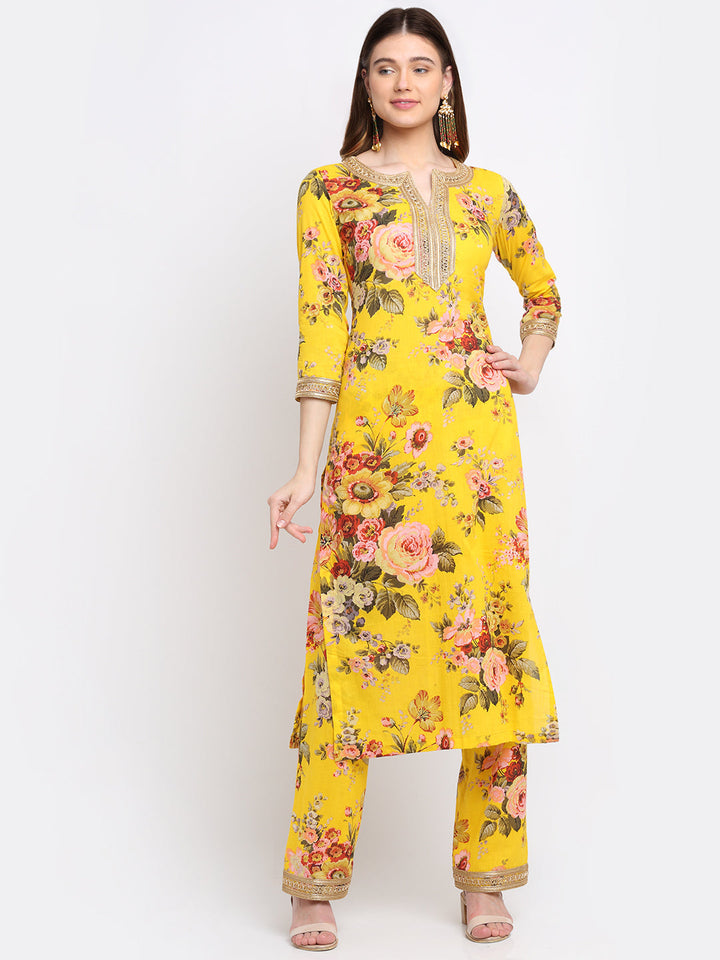 anokherang Combos Mustard Floral Kurti with Straight Palazzo Co-ord Set