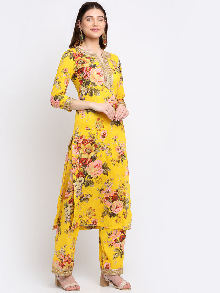 anokherang Combos Mustard Floral Kurti with Straight Palazzo Co-ord Set