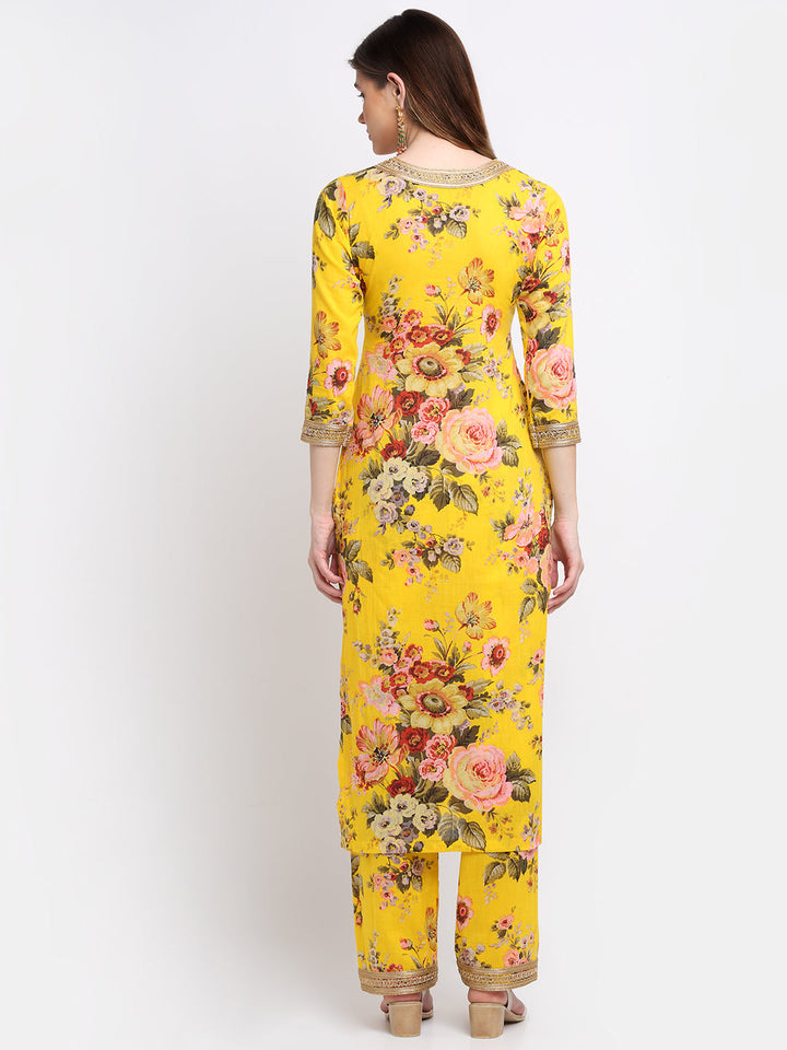 anokherang Combos Mustard Floral Kurti with Straight Palazzo Co-ord Set