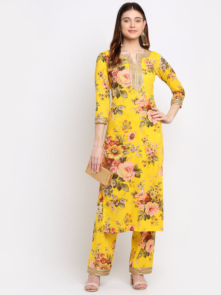 anokherang Combos Mustard Floral Kurti with Straight Palazzo Co-ord Set