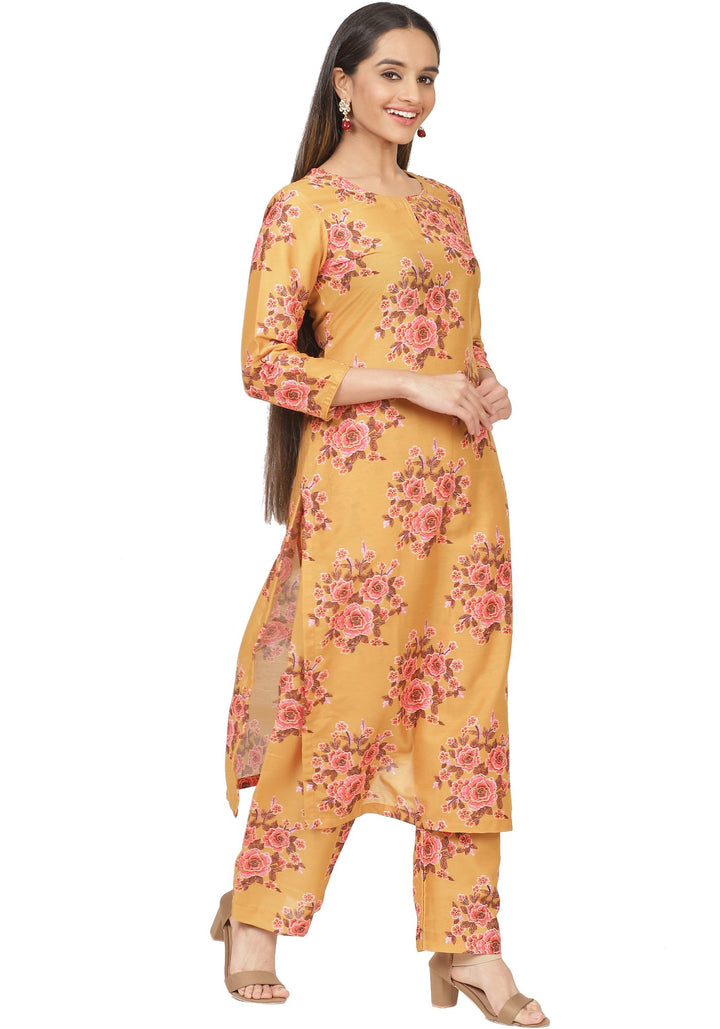 anokherang Combos Mustard Floral Printed Straight Kurti with Straight Palazzo