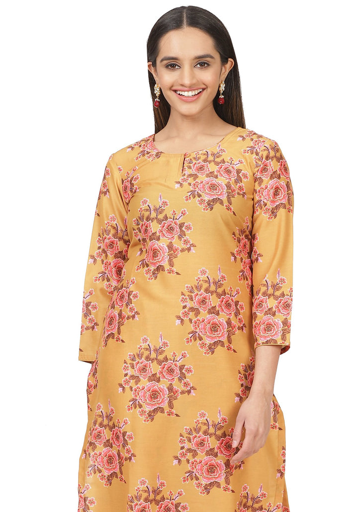 anokherang Combos Mustard Floral Printed Straight Kurti with Straight Palazzo