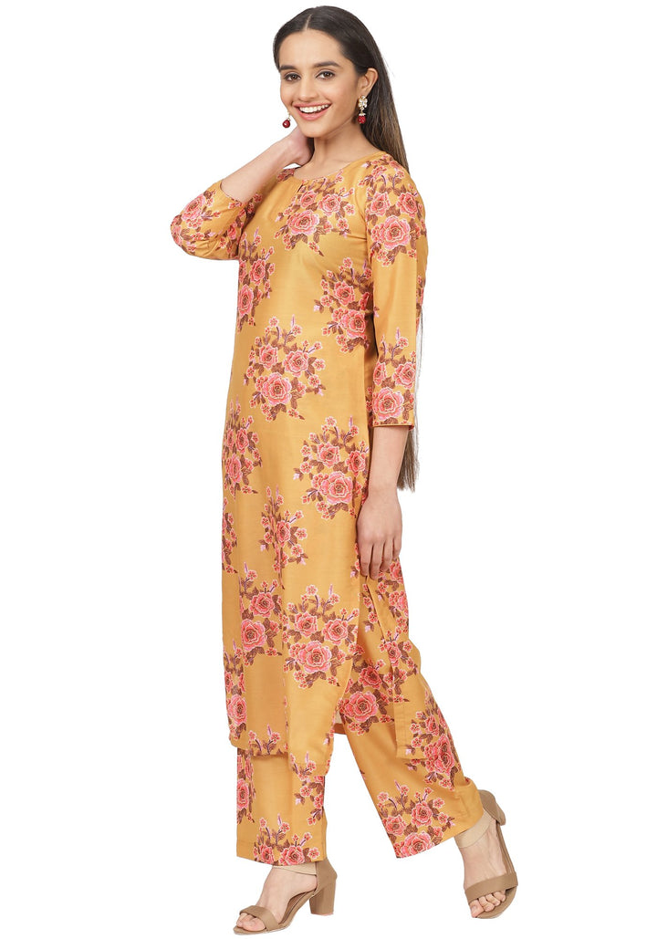 anokherang Combos Mustard Floral Printed Straight Kurti with Straight Palazzo