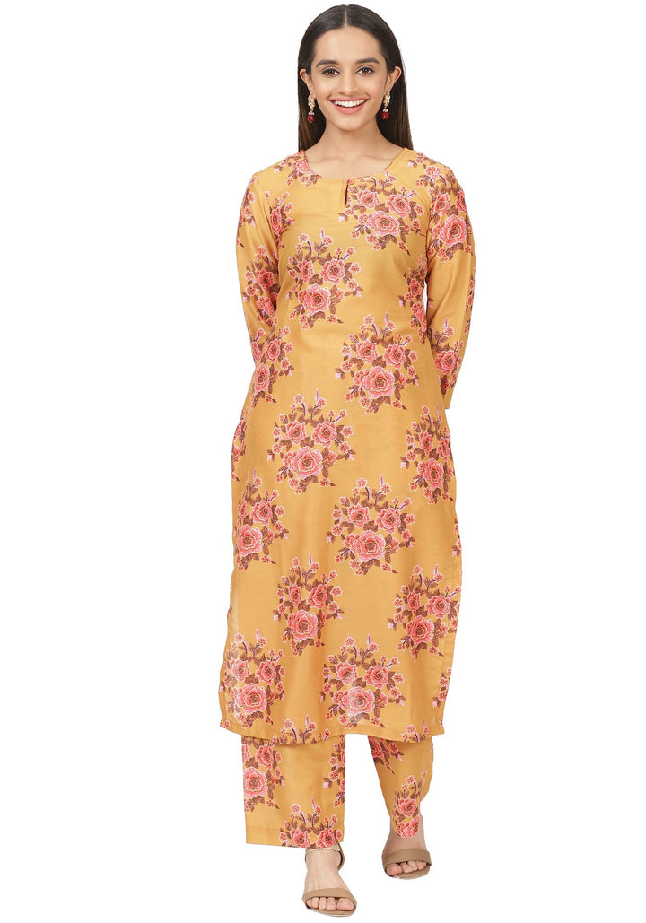anokherang Combos Mustard Floral Printed Straight Kurti with Straight Palazzo