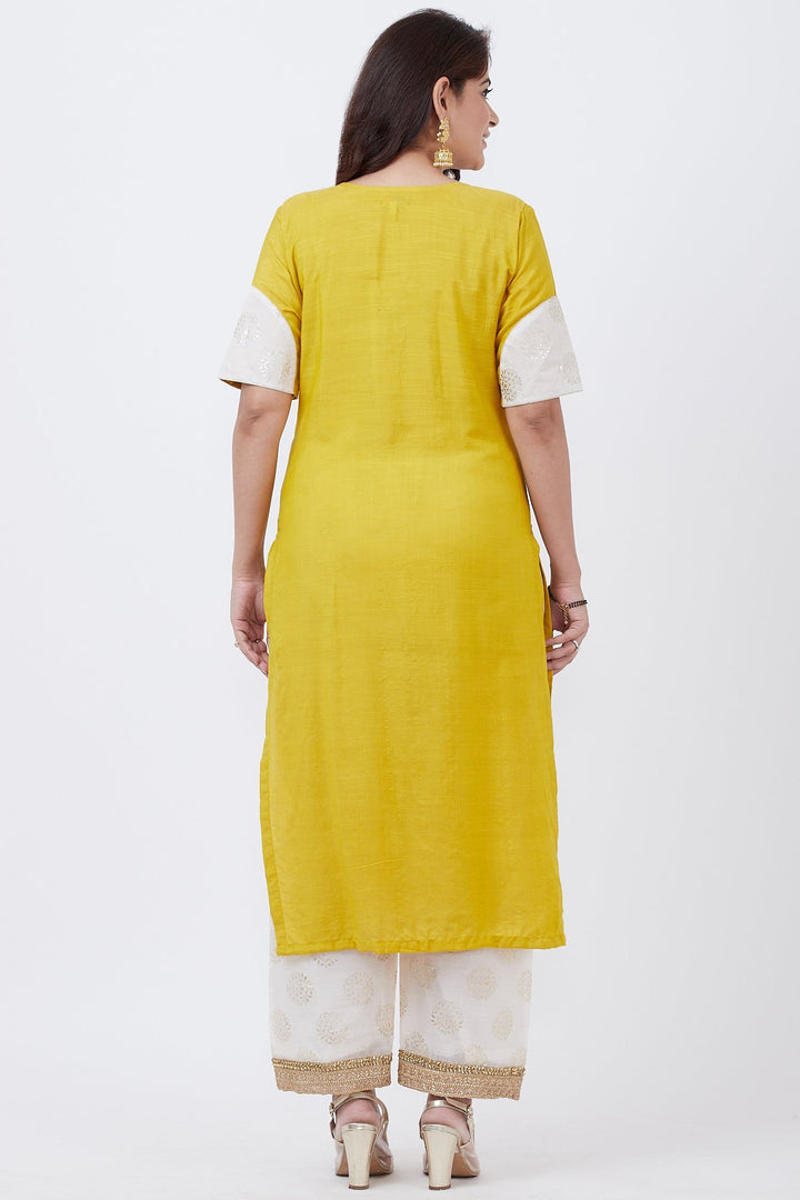 anokherang Combos Mustard Foil Patched Kurti with Off-White Foil Palazzo