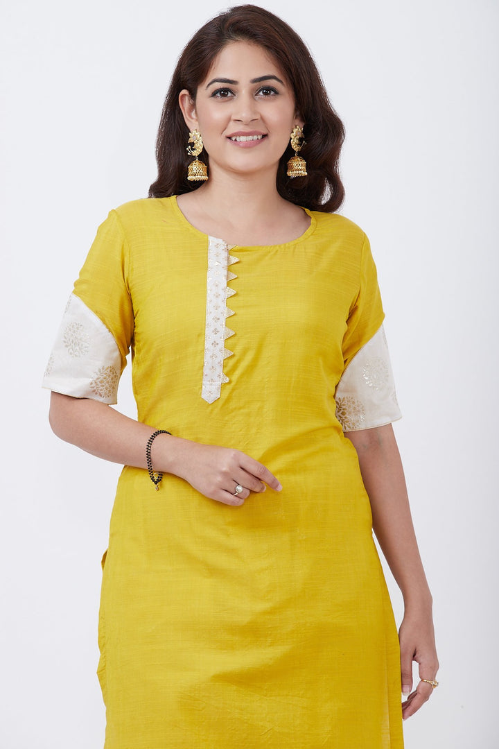 anokherang Combos Mustard Foil Patched Kurti with Off-White Foil Palazzo